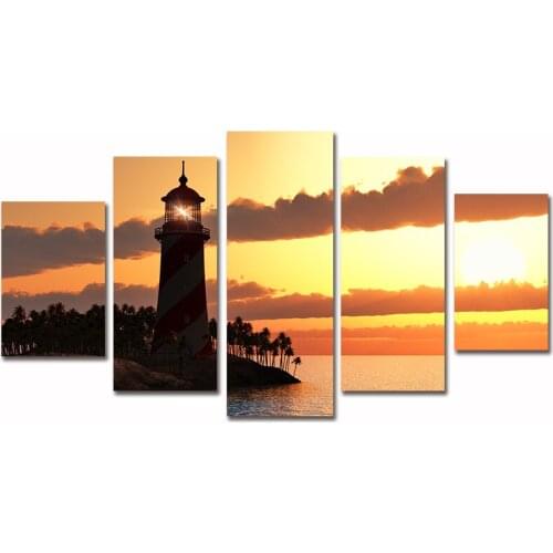 Wall Art Painting Home Decor Canvas Poster 5 Pieces Pictures Lighthouse Sunset Landscape Modern HD Printed Photo Frame