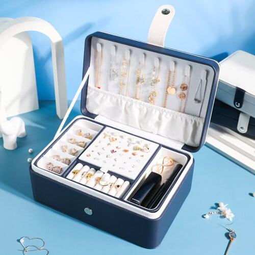 New Double Large Capacity Jewelry Box PU Leather Waterproof Necklace Bracelet Ear Studs Organizer Case Travel With Lock Gift Box