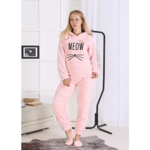 Very Cute Winter Pink Pajamas Set With Cat Figure For Women