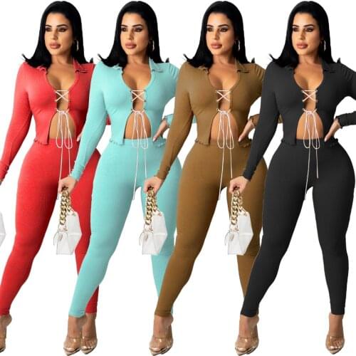 2021 Autumn Women Two Piece Set Bandage Hollow Out Solid Color Sportsuit Matching Set Clothes For Women Outfit