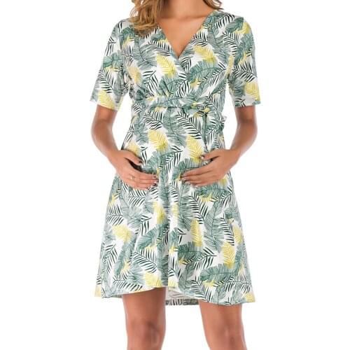 Pregnancy Dress Summer Women Casual Short Sleeve Flower Print Maternity V-neck Dress Pregnancy Clothes Bata De Maternidad