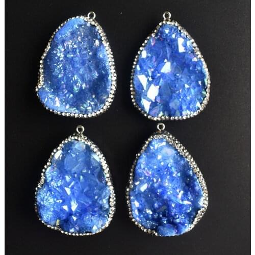 Blue quartz crystal Stone Pendant agates Druzy pendulum Natural stone charm Necklace pendants jewelry making wholesale 4pcs/lot