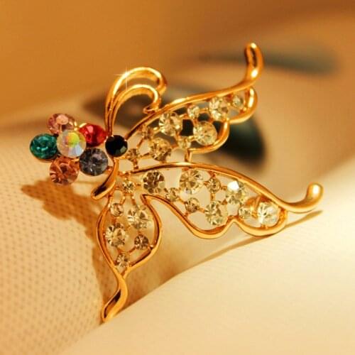 Luxury Elegant Rainbow Crystal Flower Cute Butterfly Brooches Gold Color Rhinestone Alloy Animal Brooch Lady Party Pins Gifts