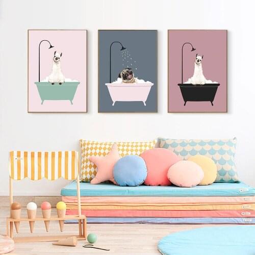 Nordic Minimalist Bath Animal Pink Cartoon Canvas Painting Poster Wall Art Wall Art Picture Baby Girl Nursery Room Decor