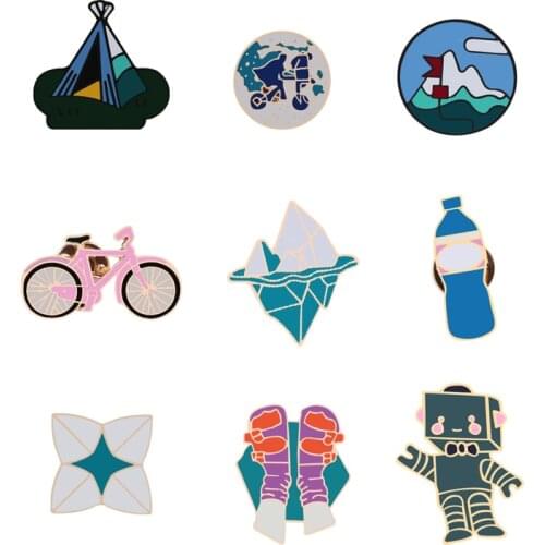 Travel the World Pins Tent Bicycle Shoes Mountain Robot Water Bottle Brooches For Women Men Kids Jackets Lapel Pin Badge Jewelry
