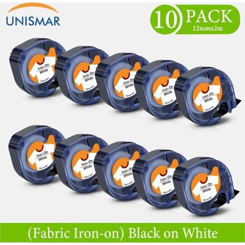 Unismar 10PK 18771 18769 Iron-On Fabric Labels 12mm Compatible for Dymo Letratag Label Maker Black on White Fabric Iron-on Tapes