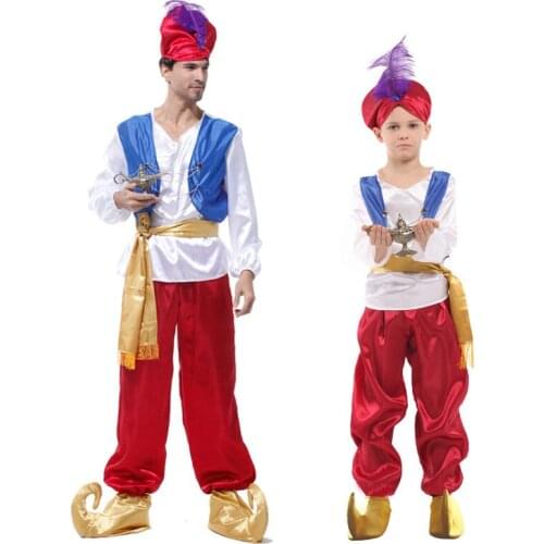 Adult Children Halloween Party Aladdin Costumes Boy Aladdin Lamp Genie Costume Adam Prince Fantasia Party Arab Clothing for Kids