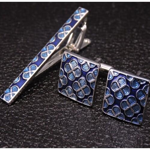 DY A set of high-quality blue enamel square plum blossom pattern tie clip Cufflinks fashion men Cufflinks tie clip set