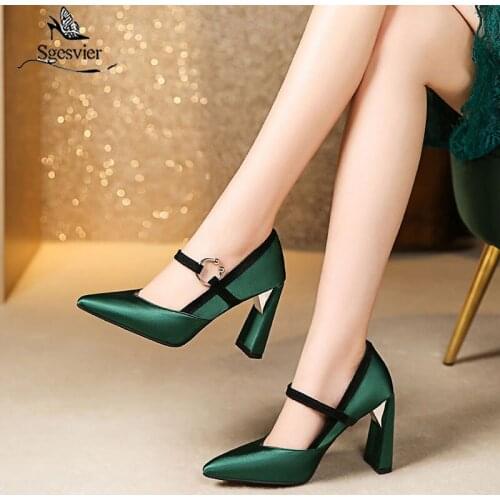 Sgesvier Women High Heels Satin Platform Pumps Pointed toe Chunky Heel High Heels Ankle Strap Retro Style Sexy Shoes Woman G572