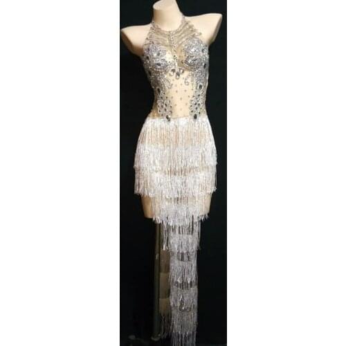 Sparkly Silver Crystals Mesh Fringes Dress Women Sexy Nightclub Performance Outfit Singer Dancer Costume Celebrate Party Dresses