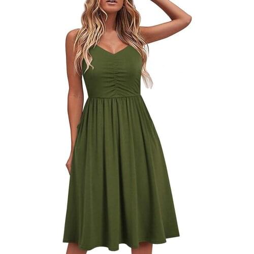 New Stylish Solid Color Women Dress Low Neck Pleated Middle Length Ladies Sleeveless Shirring Dress for Dating Streetwear
