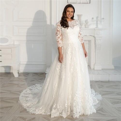 Plus Size Wedding Dress 2021 A Line Elegant Lace Appliques 3/4 Sleeves Bridal Gowns vestido de noiva Bride Dresses Custom White