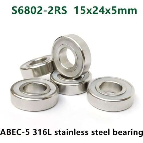 10pcs S6802-2RS stainless steel 316L deep groove ball bearing 15*24*5 mm waterproof anti-corrosion bearings 6802 -2RS 15x24x5