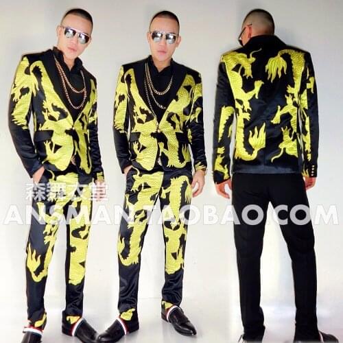 2020 Nightclub New Men Dj Singer Fashion Black Gold Imperial Robe Blazer Suits Men Plus Size Formal Dress Costumes