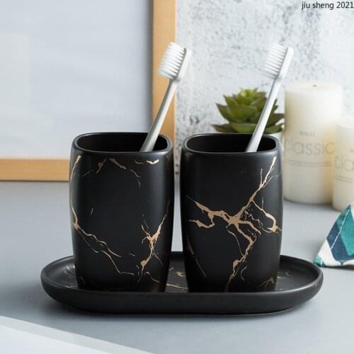 European-style Ceramic Marbled Tooth Brushing Cup Luxury Couple Set Wash Cup with Tray Wedding Gift Bathroom Decor Accessories