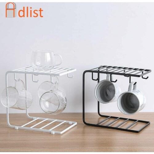 Metal Wire Coffee Mug Cup Holder Drain Storage Rack Stand Organizer Stand for Hanging Kitchen Counter Cabinet with 6 Hooks Shelf