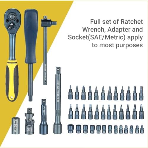 Mechanics Tool Set 1/4-Inch Drive Bit Socket Wrench Set with C-VR Ratchet Extension Adapter S2 Steel Machined Bit Sockets
