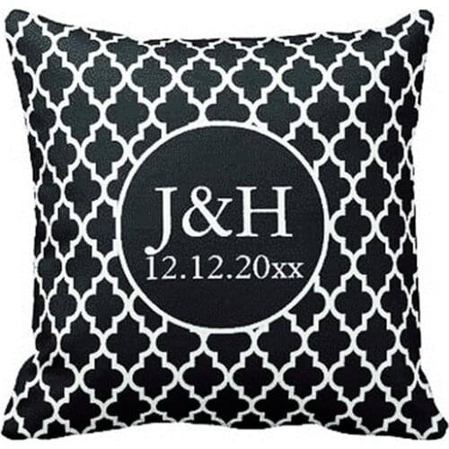 Custom Initial Quatrefoil Cushion Cover Personalized Monogram Throw Pillow Case Black White Anniversary Wedding Gift Chair Decor
