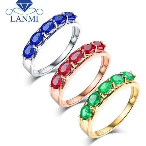 Simple Design Oval Gen Green Emerald Blue Sapphire Red Ruby Party Ring Real 14K White Gold for Wife Daughter Birthday Gift