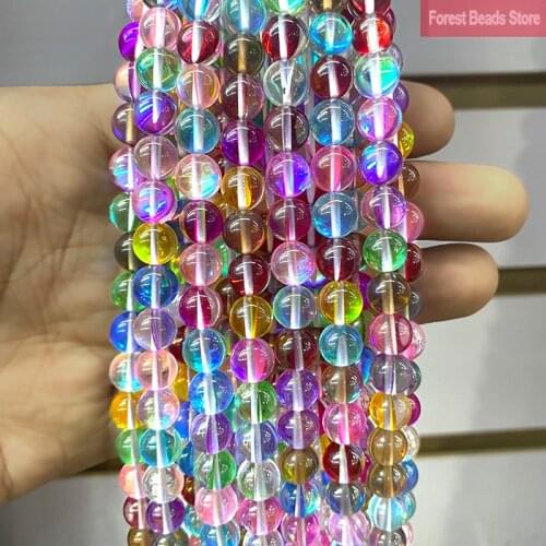 Colorful Austria Crystal Synthetic Glitter Moon Stone Round Beads DIY Bracelet Necklace for Jewelry Making 15"Strand 6 8 10 12MM