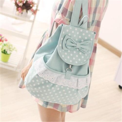 Korean Fashion Printing Lace Preppy Style Sweet Bowknot Polka Dots Girls Backpack Schoolbag For Teenage Girls School Satchel