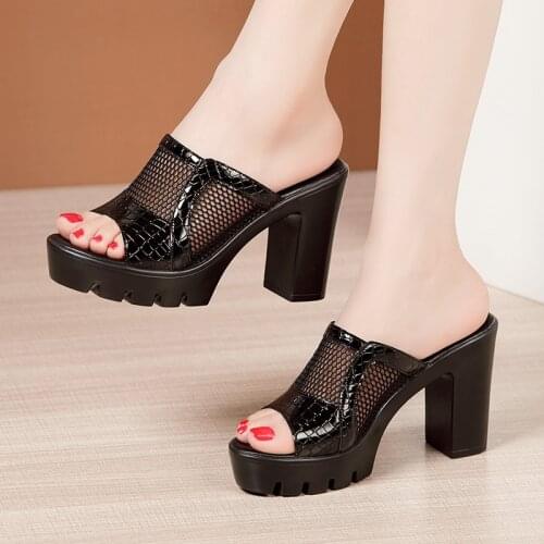 10cm Block Heel Plus Size Cutout Platform Slippers Women Shoes 2021 Summer Open Head High Heels Slides OL Office 32-41 42 43