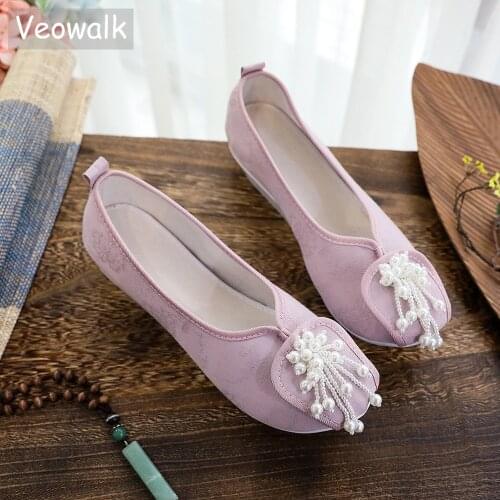 Veowalk Pearls Decor Women Jacquard Cotton Slip On Platform Flats Vintage Ladies Casual Slip On Sneakers Comfortable Gray White