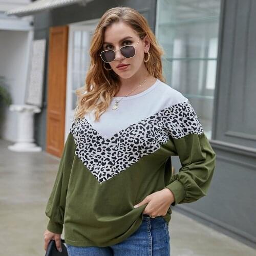 Plus Size Womens Leopard Stitching Print Oversized O Neck Long Sleeve Casual Fashion Tops 2021 Autumn Winter All Match