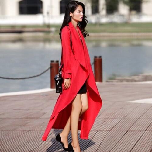 2021 Spring Autumn New Elegant Red Long Trench Women Lace up Big Lapel Full Sleeve Loose Casual Fashion Windbreaker Jacket Y801