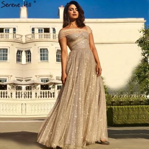 Gold One Shoulder Sexy Evening Dresses A-Line Design 2021 Sequined Sparkle Formal Gowns Serene Hill LA60817