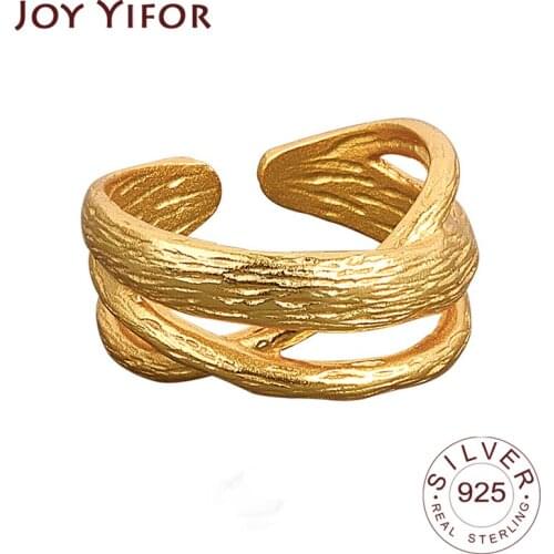 100% 925 Sterling Silver Ring For Women Matte Layers Gold Color INS Minimalist Irregular Fine Jewelry Bijoux Birthday Gift