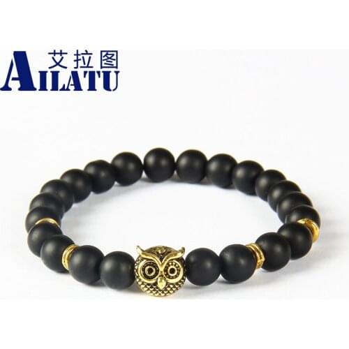Ailatu Love Nature Mens Summer Fashion Animal Bracelet Made by 8mm Black Beads with Zinc Owl Head