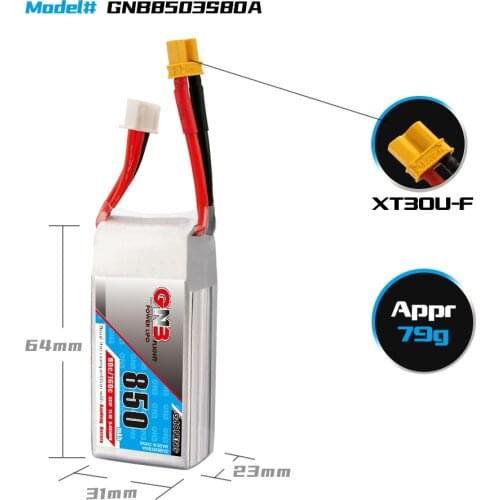 Gaoneng GNB 850mAh 3S 11.1V 80C XT30 Plug Gun Battery for FPV Racing Drone 180CFX 3D Quadcopter Helis