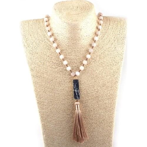 Free Shipping Fashion Frosted Semi Precious Stones Rosary Chain Rectangle Druzy Link Crystal Tassel Necklaces Ethnic Necklace