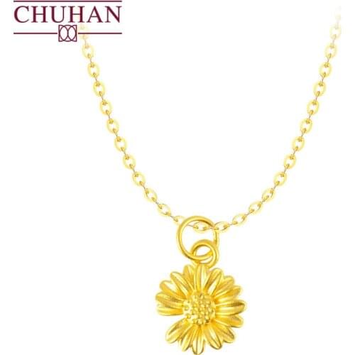 CHUHAN 999 Pure Gold Chrysanthemum Pendant Necklace Female Sweet Fashion All-match Pendant 18K Gold Clavicle Chain Fine Jewelry