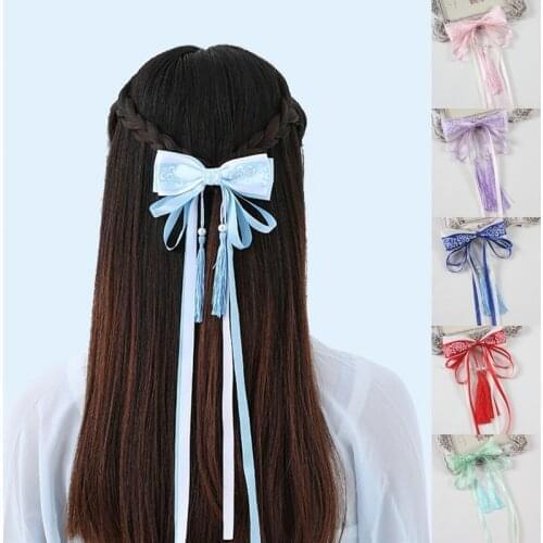 1Pc Hanfu Hair Accessories Long Ribbons Headdress Chinese Bow Hair Pins Hair Clip Bowknot Ancient Style