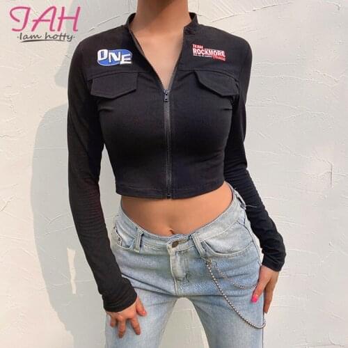 IAMHOTTY Zipper Letter Print Long Sleeve Crop Tops Skinny Fashion Streetwear Black Tshirt Women Harajuku Autumn Solid Basic Tees