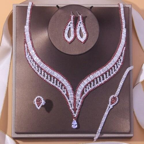 Stonefans Luxury Red Hollow Rhinestone Bride Jewelry Set for Women Crystal Water Drop Wedding Dubai Set Fashion Show Accessories