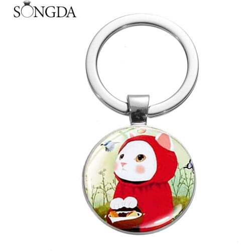 Korea Jetoy Choo Choo Cat Keychain Super Cute Kitten Cartoon Print Glass Dome Key Ring Chain Women Girls Bag Pendants