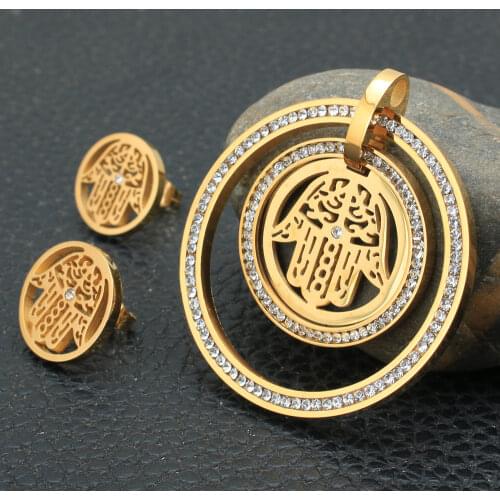 Gold Color Stainless Steel Jewelry Superior Quality Pendants and Earrings Round Hand Set For Women SBJZDDCA