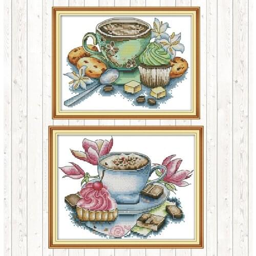 Teacup and Cake Wall Home Decor Patterns Kits DIY Needlework Crafts Cotton Thread Embroidery Needlework Sets Cross Stitch Kits