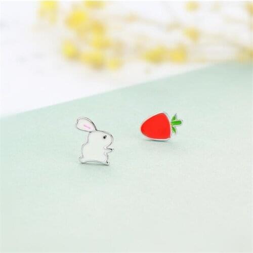 New Korean Style Cute Animal Bunny And Carrot 925 Sterling Silver Jewelry Asymmetrical Sweet Rabbit Playful Stud Earrings SE913