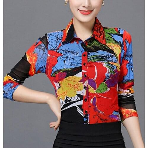 Autumn Spring 2018 New Women Female Fashion Colored Painted Mesh Long Sleeve Stretch Blouse , Casual 4XL 3xl Blouses For Woman
