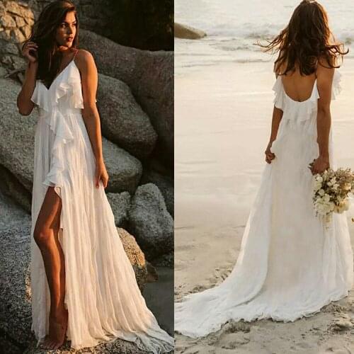 Beach Ruffled Chiffon Spaghetti Straps Wedding Party Dress Backless Open Back Zipper Custom Made High Split Seaside Bridal Gowns