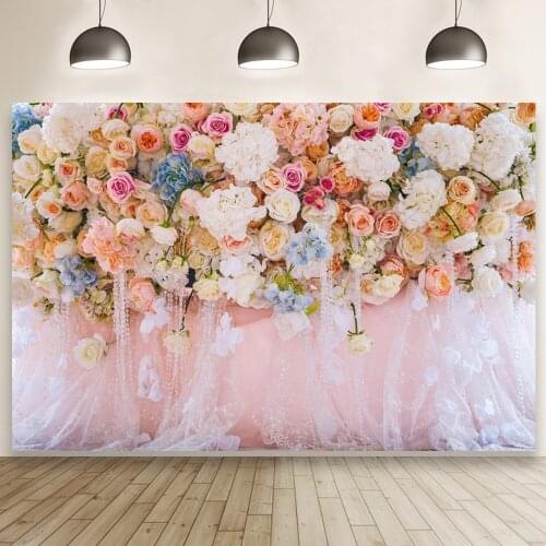 Pink Flower Wall Lace Curtain Style Couple Wedding Backdrop Studio Photography Ceremony Party Photo Background Banner Table Prop