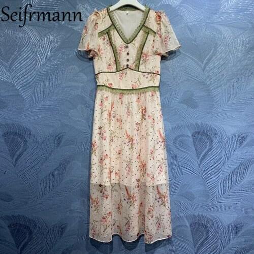 Seifrmann New 2021 Summer Women Fashion Runway Party Midi Dress Short Sleeve Lace Ruffles Waist Dot Print Ladies A-Line Dresses