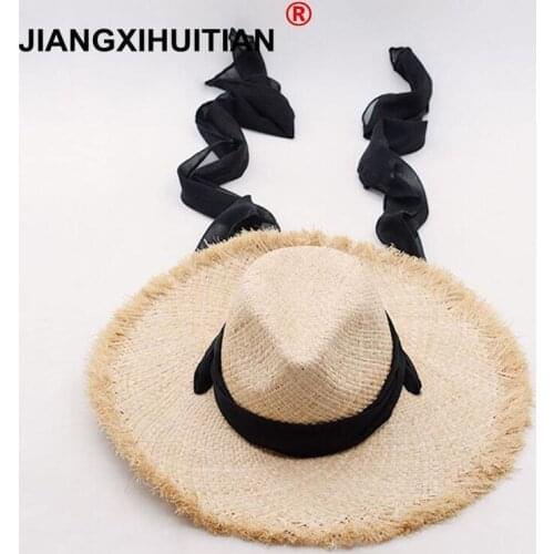 NEW Summer Floppy 100%Rafi Straw Hats Foldable Beach Hats for Women Female Sunbonnet Ladies Vacation Large Wide Brimmed Sun Hats