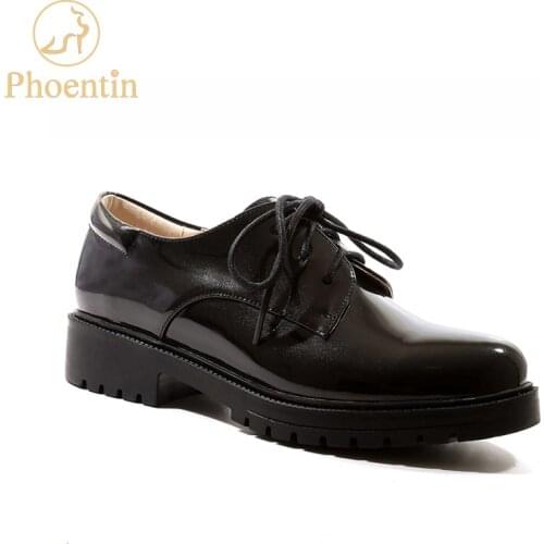 Phoentin black lace up women shoes 2019 new arrival neutral low heeled dress shoes platform lolita pumps patent leather FT592