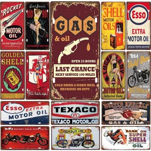 License Plate Vintage Tin Signs of Gas & Oil Open 24 Hours Motor Oil for Bar Decoration Garage Metal Poster Iron Painting