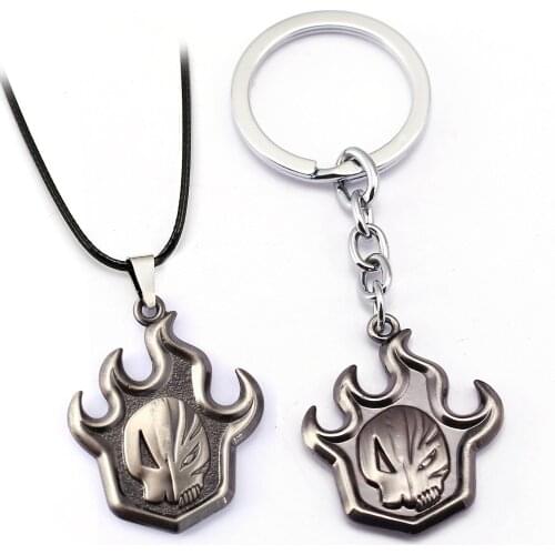 Japan Anime Bleach Kurosaki Ichigo Flame Skull Mask Logo Alloy Keychain Key Chains Keyring Pendant Necklace Jewelry Accessories